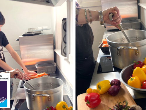 People cooking at Bournemouth Foodbank's weekly community batch cooking sessions